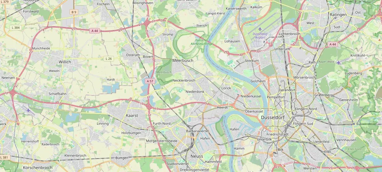 Karte der Region Düsseldorf mit den neun Standorten des Röntgeninstituts